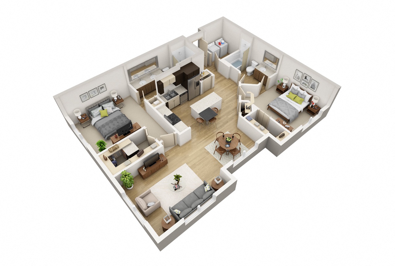 Floor plan for 2 beds, 2 baths, 1234 sqft